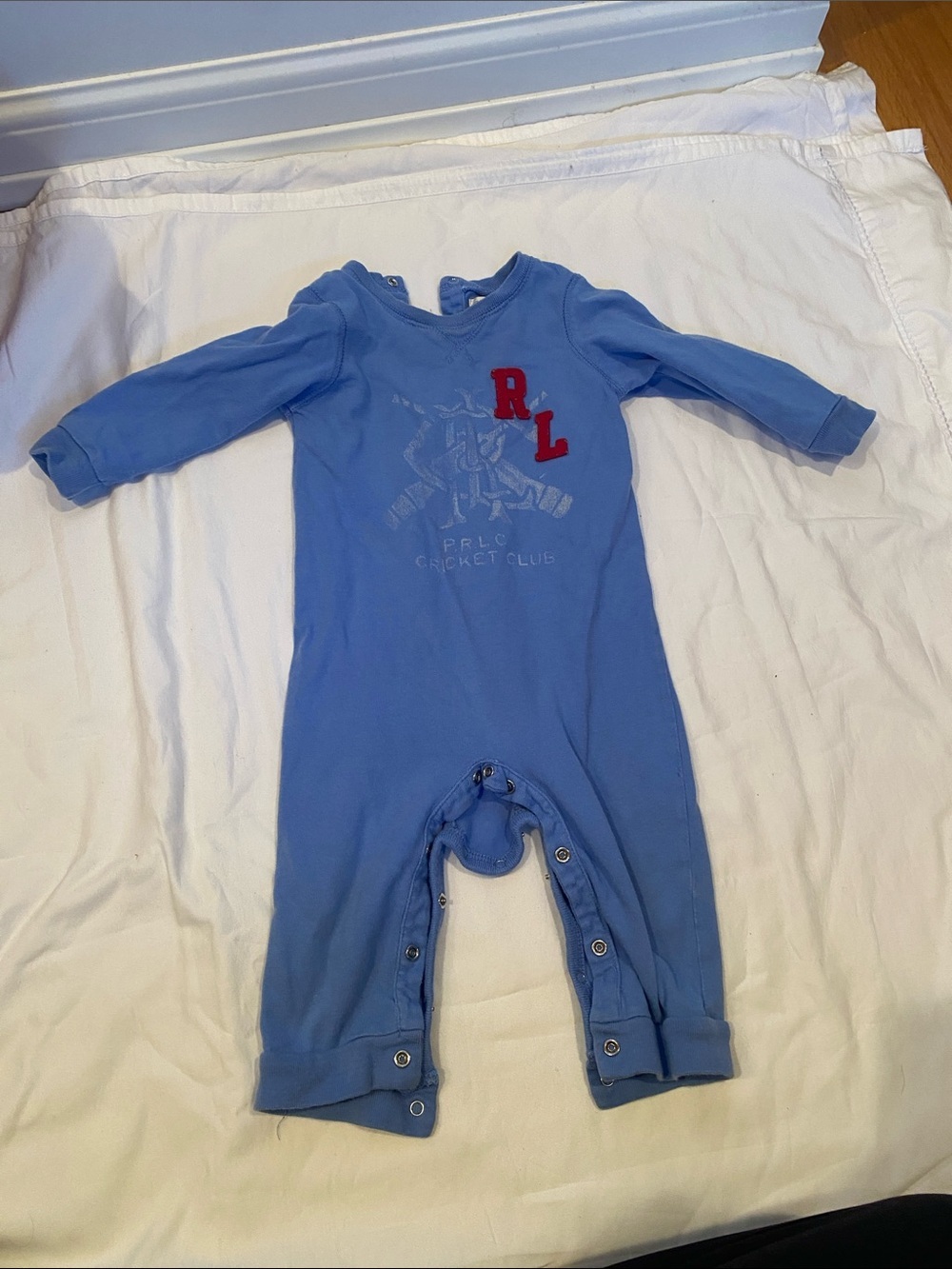 Ralph Lauren Light Blue Long-Sleeve Baby One-Piece with Red RL Patch